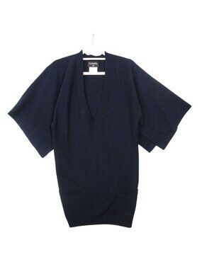 Chanel Cashmere Knit Sweater V-Neck Cape Style 40 L Navy